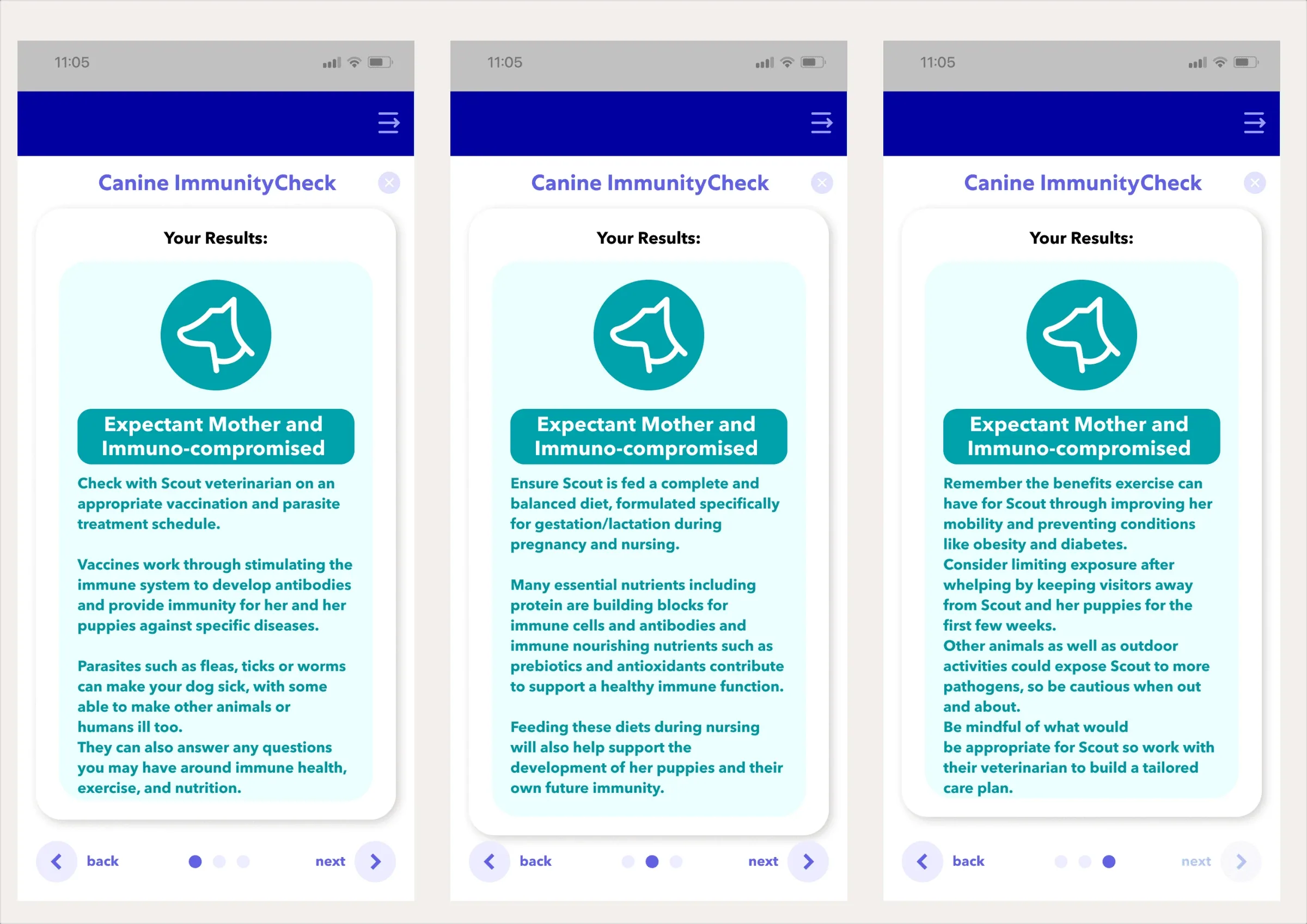 Considered: three swipeable pages with labels