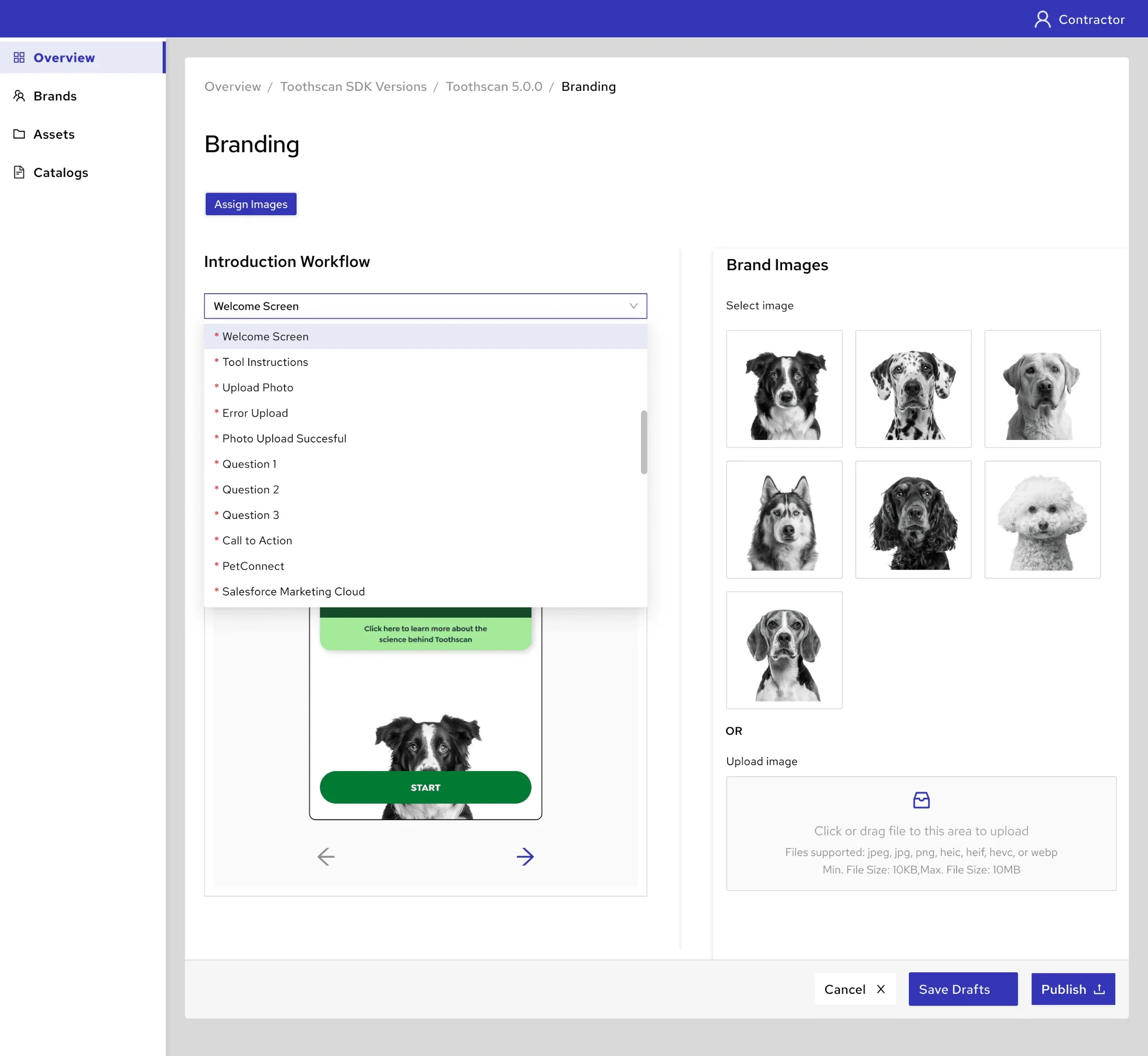 Dropped: screens split into workflow tabs, previewed one at a time